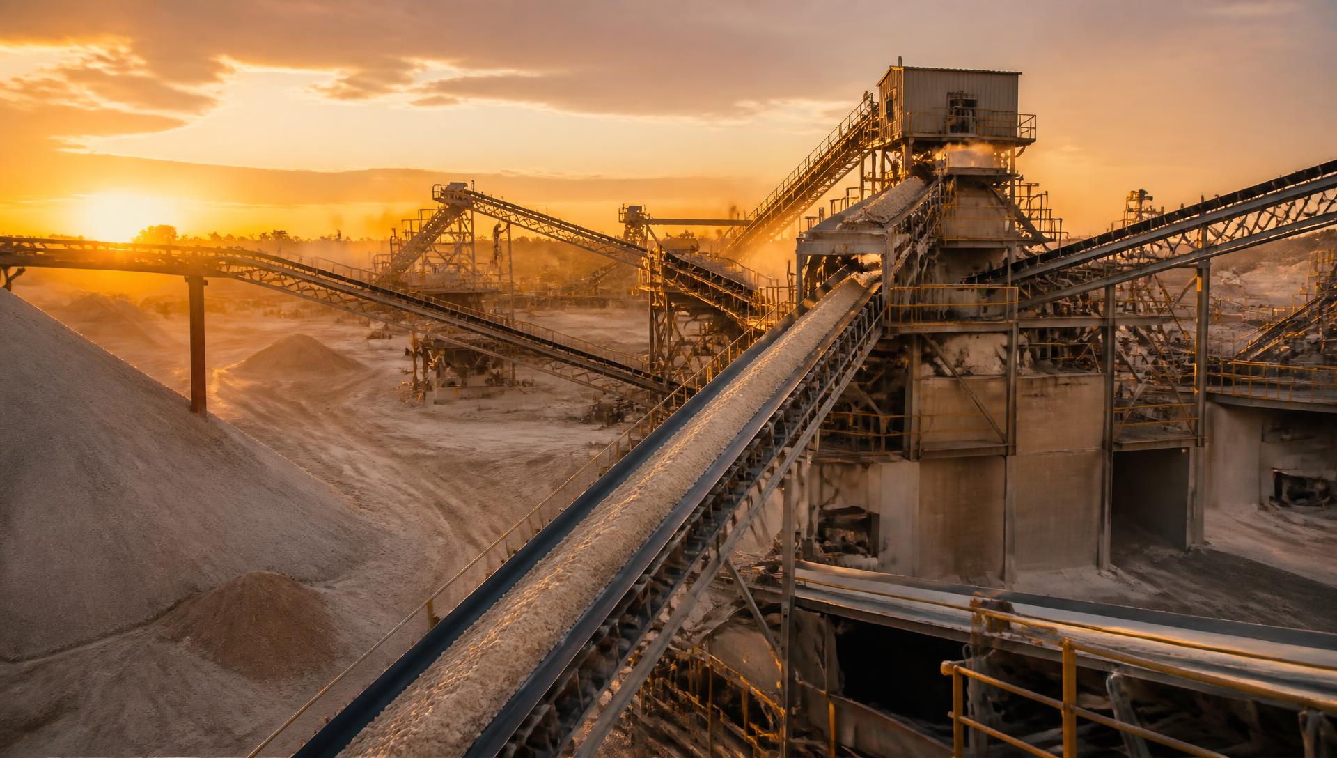 Silica sand processing plant with conveyor systems at sunset